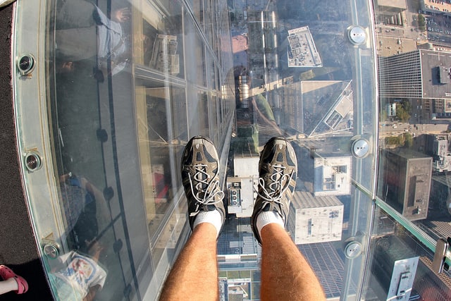 Glass floor at Skydeck, Willis Tower, Chicago, ManAboutWorld gay travel magazine