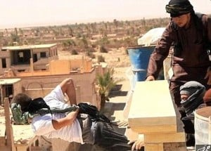 File photo of man reportedly being thrown off roof (Syrian Observatory for Human Rights / courtesy)