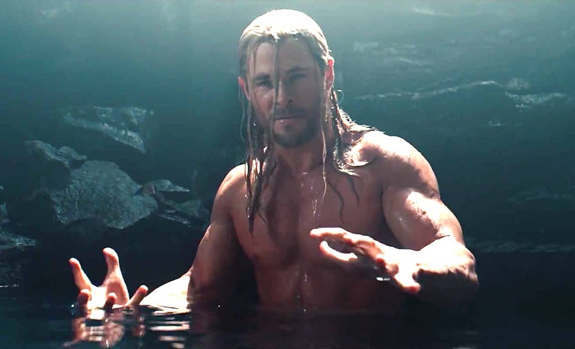 Shirtless Chris Hemsworth as Thor. 