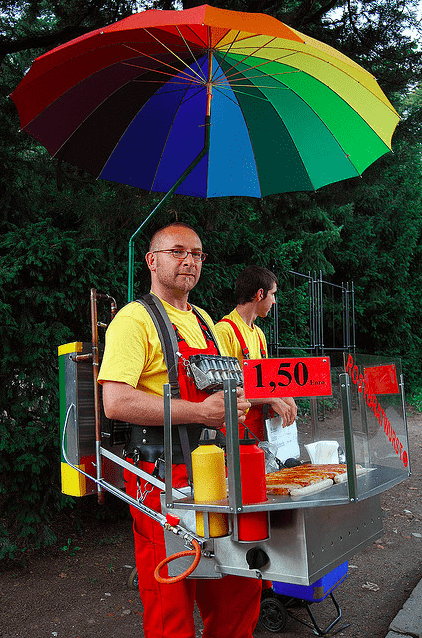 Currywurst vendor, Hamburg, Germany, as seen in Towleroad and ManAboutWorld gay travel magazine