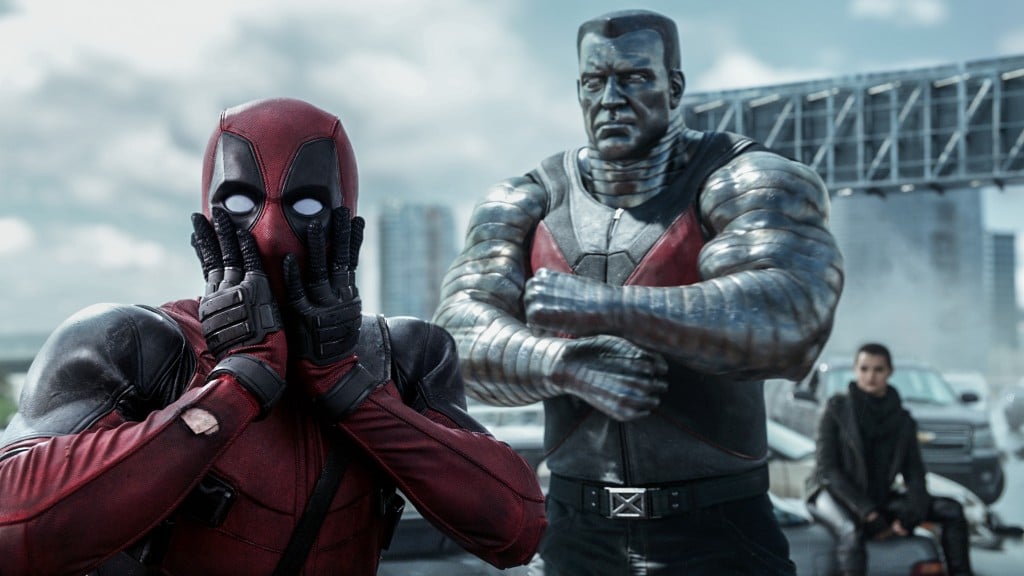 Deadpool (Ryan Reynolds) reacts to Colossus' (voiced by Stefan Kapicic) threats.