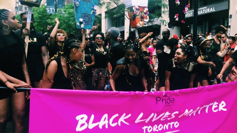 Black Lives Matters protesters at Toronto's Pride Parade on Sunday. (Courtesy/Black Lives Matter TO.)