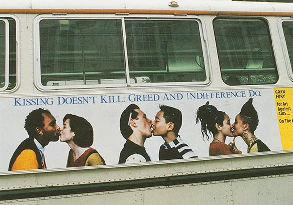 Kissing Doesn't Kill: Greed and Indifference Do, bus poster. Design by Gran Fury for Art Against AIDS/On The Road and Creative Time, Inc. Gran Fury, Courtesy The New York Public Library