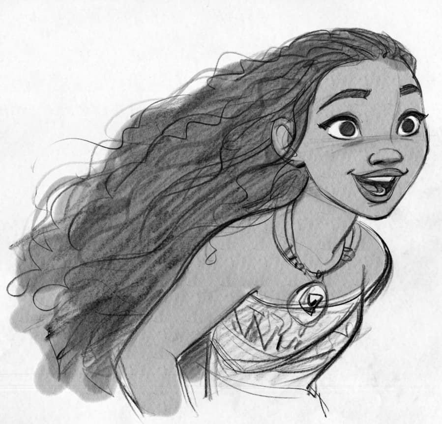 Walt Disney Animation Studios' artist Jin Kim showcases the look of the title character in the upcoming adventure "Moana." Says director Ron Clements, “Moana is a vibrant, tenacious 16-year-old growing up on an island where voyaging is forbidden. But Moana has been drawn to the ocean since she can remember and is desperate to find out what's beyond the confines of her island.” Directed by Clements and John Musker and featuring the voice of Native Hawaiian newcomer Auli'i Cravalho in the title role, "Moana" opens nationwide on Nov. 23, 2016. ©2015 Disney. All Rights Reserved.