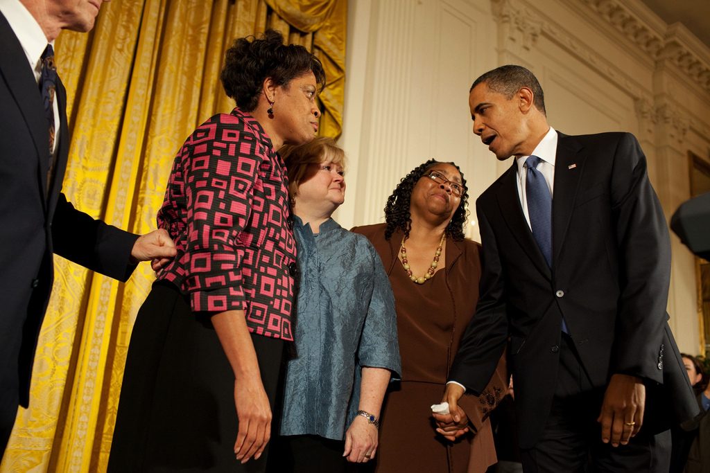 President Barack Obama greets Louvon Harris, left, Betty Byrd Boatner, right, both sisters of James Byrd, Jr., and Judy Shepard, center, mother of Matthew Shepard, following his remarks at a reception commemorating the enactment of the Matthew Shepard and James Byrd Jr. Hate Crimes Prevention Act, in the East Room, of the White House, October 28, 2009. (Official White House Photo by Pete Souza) This official White House photograph is being made available only for publication by news organizations and/or for personal use printing by the subject(s) of the photograph. The photograph may not be manipulated in any way and may not be used in commercial or political materials, advertisements, emails, products, promotions that in any way suggests approval or endorsement of the President, the First Family, or the White House.