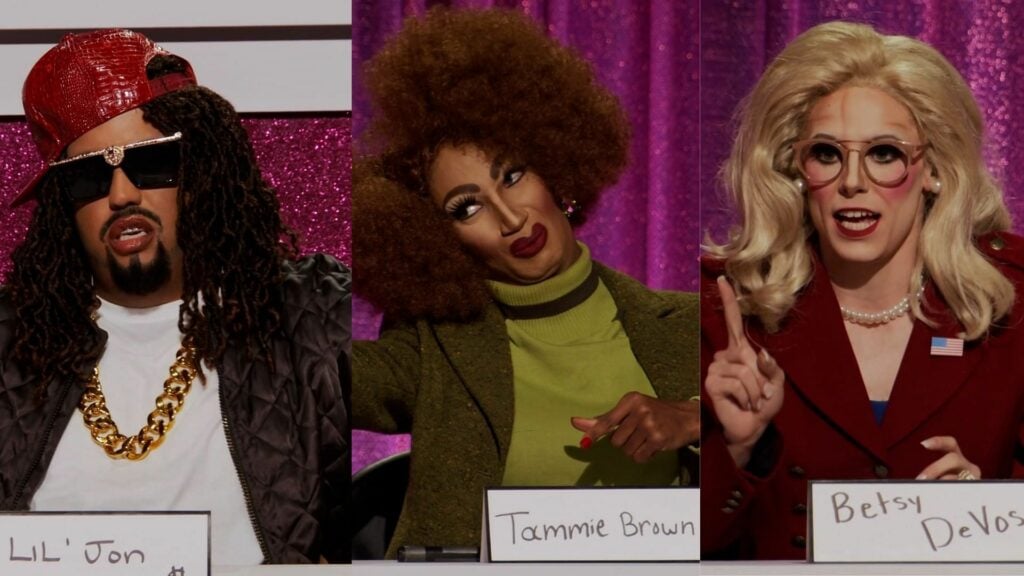 DeJa as Lil Jon, Angeria as Tammie Brown and Jasmine as Betsy DeVos on RuPaul's Drag Race.