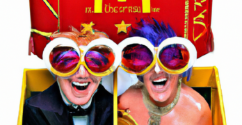 elton john and his husband David are bursting out of a McDonalds Happy meal box . Elton is in bejeweled glasses shaped like the logo and performing and they are very happy. Style is: hightly detailed, hyper realistic, photographic, wide angle lens:: in the style of 3d Pixar:: --ar 9:16 --q 2